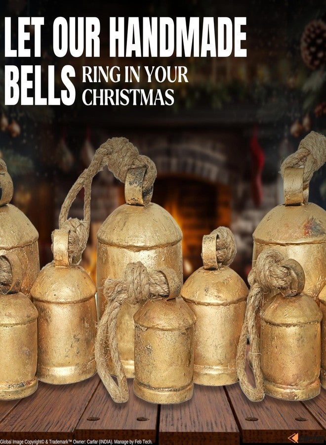 Carfar Rustic Gold Cow Bell Chime Set - Small 9-Bell Design on 2-Rod Hanging Bar with 2", 4", and 6" Vintage Bells for Home and Garden Décor - Image 4